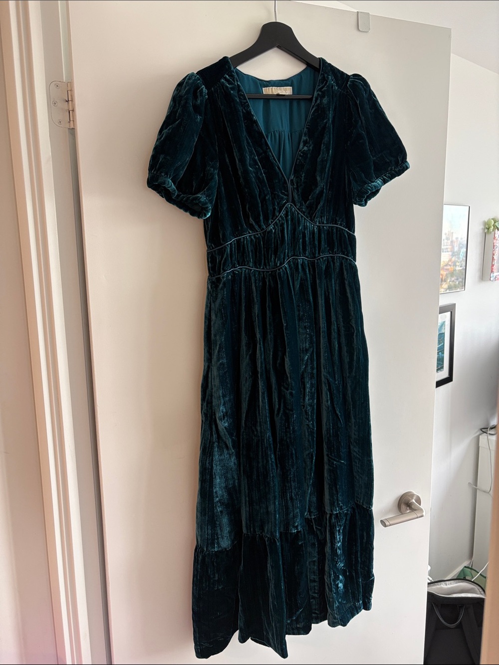 Michael Kors Teal Velvet V-Neck Puff Sleeve Maxi Dress